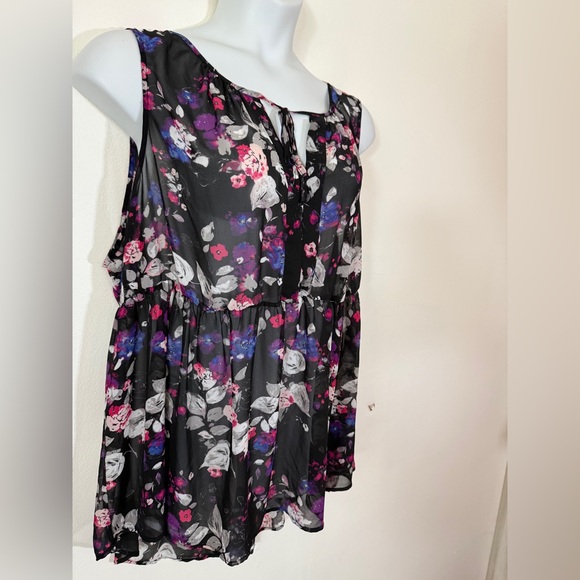 Torrid Black and Pink Floral Tie Notch Collar Sheer Blouse SKU051 - Picture 2 of 9